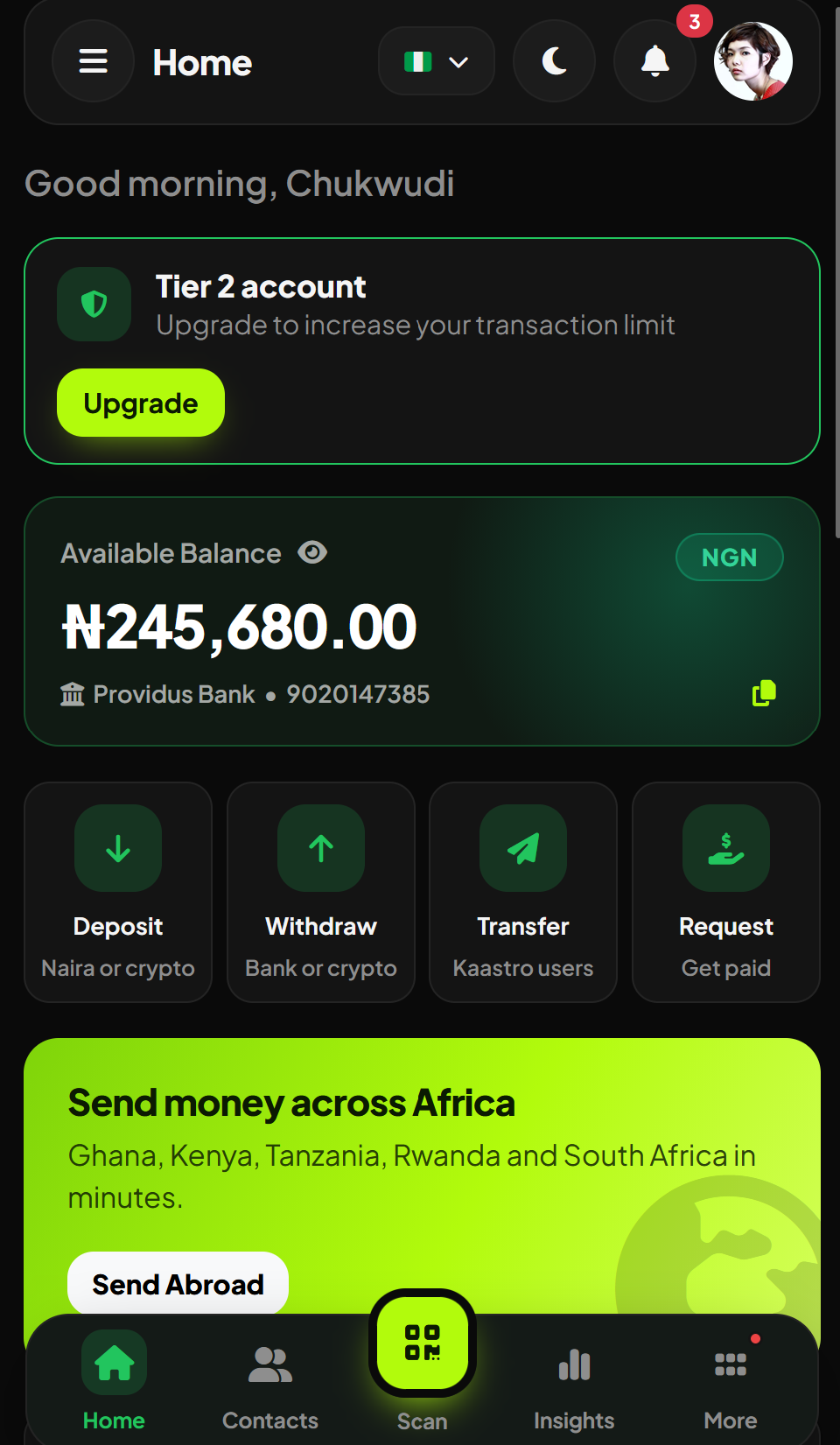The Kaastro Pay home screen showing a Naira balance and quick actions